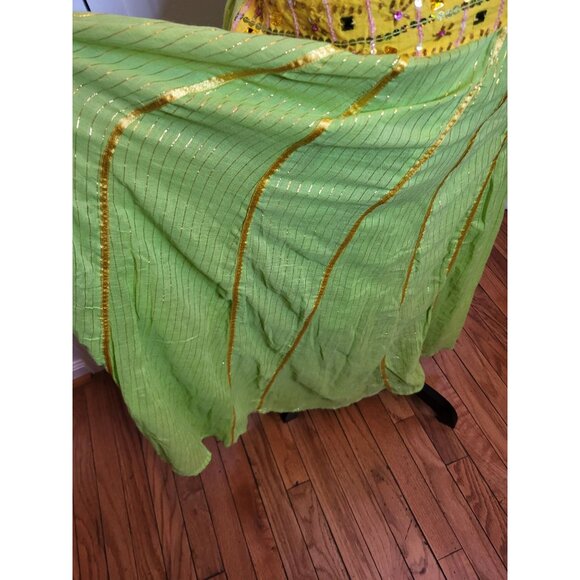 Green/Yellow Metallic Gold Jeweled Boho Midi Skirt L Hippie Gypsy Festival - Picture 7 of 9